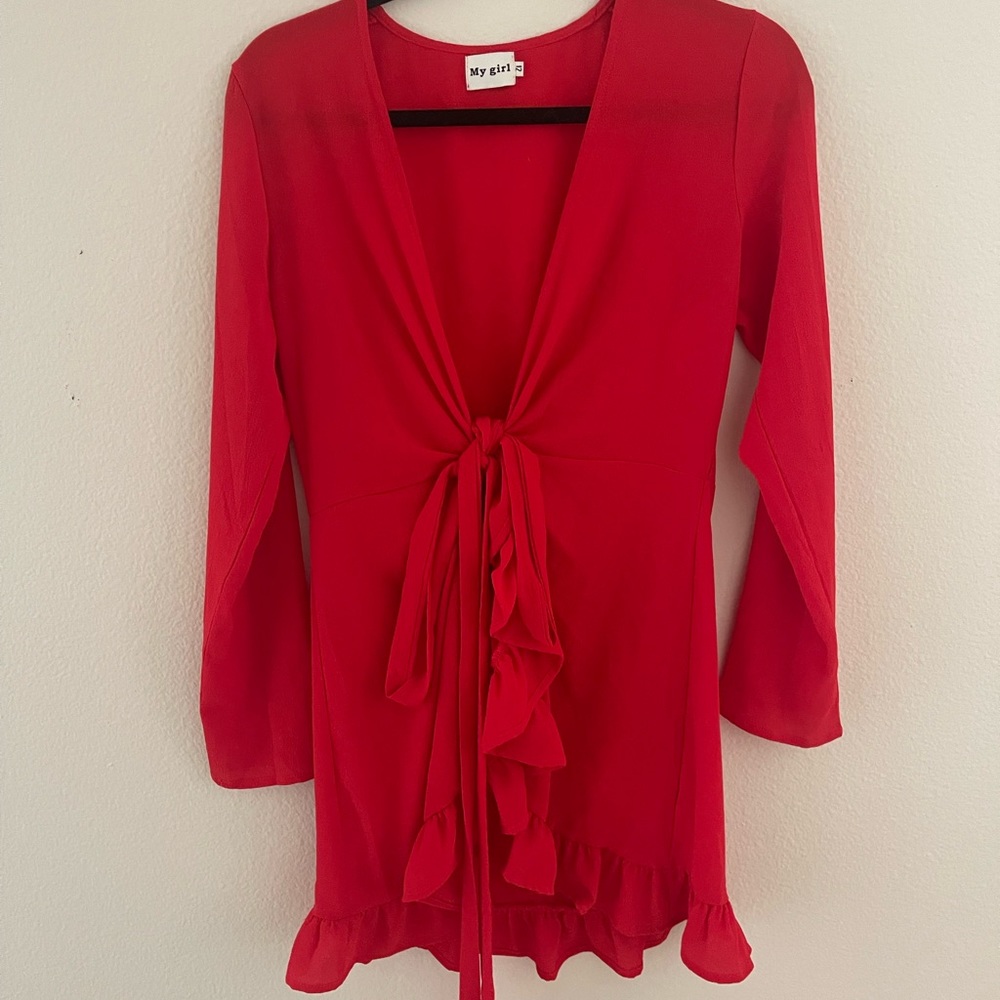 Red silk ruffled tie dress - runs small size 12